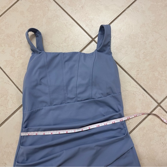 SoftlyZero Airy Square Neck Corset Ruched Split Bodycon Midi Dress - Picture 9 of 13